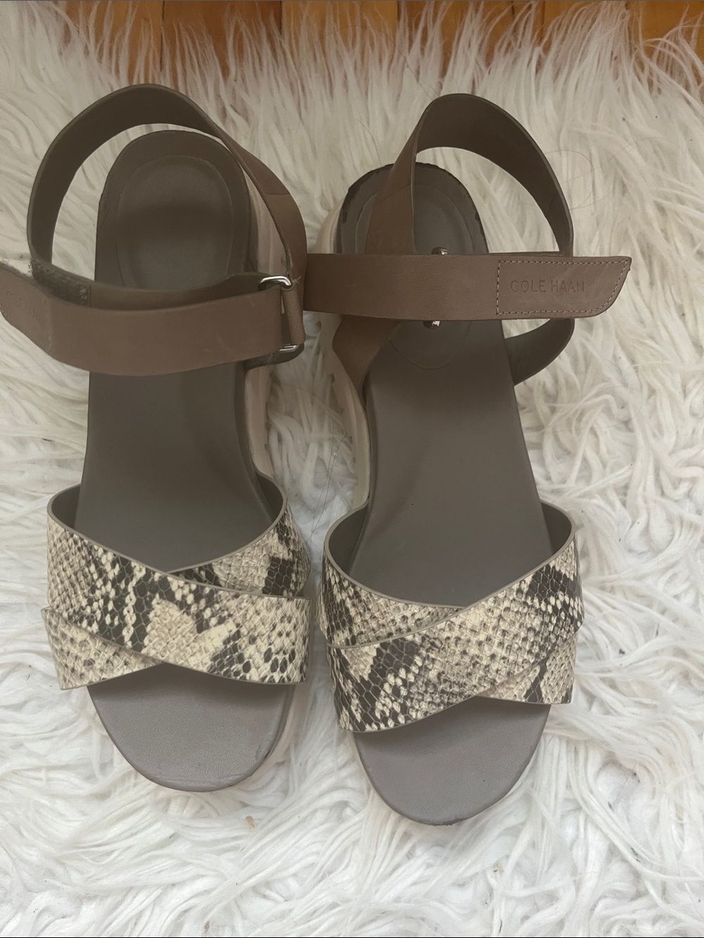 Cole Haan Grand.OS Brown and Snake-Print Leather Sandals